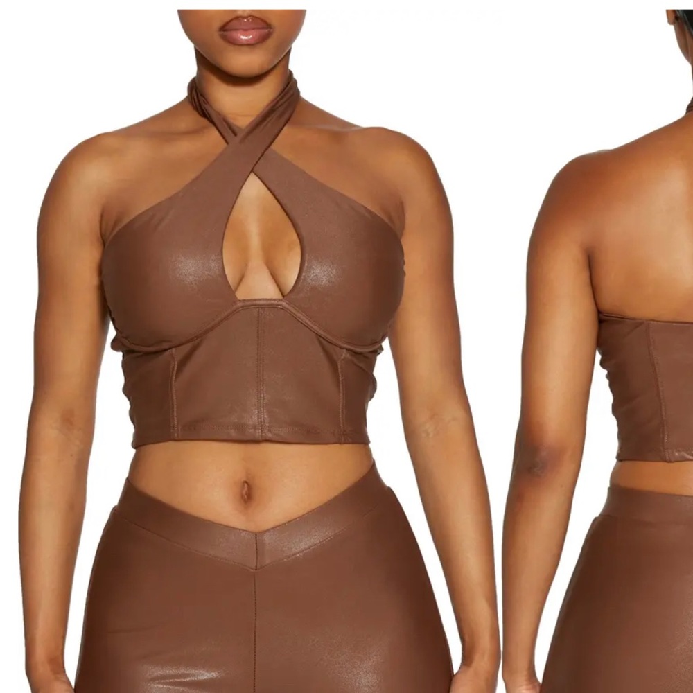 naked wardrobe tan leather halter size S